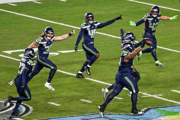 Seattle Seahawks celebrate after recovering a fumble in the thiird quarter of Super Bowl LX at at Levi s Stadium in Santa Clara, California on Sunday, February 8, 2026.  SBP20260208859 JONxSOOHOO