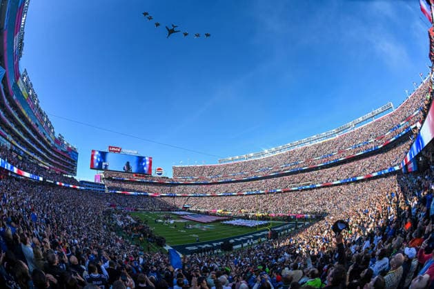 Airforce Jets preform a flyover after the Star Spangled Banner before the Seattle Seahawks play the New England Patriots at Super Bowl LX at at Levi s Stadium in Santa Clara, California on Sunday, February 8, 2026.  SBP20260208475 DAVIDxTULIS