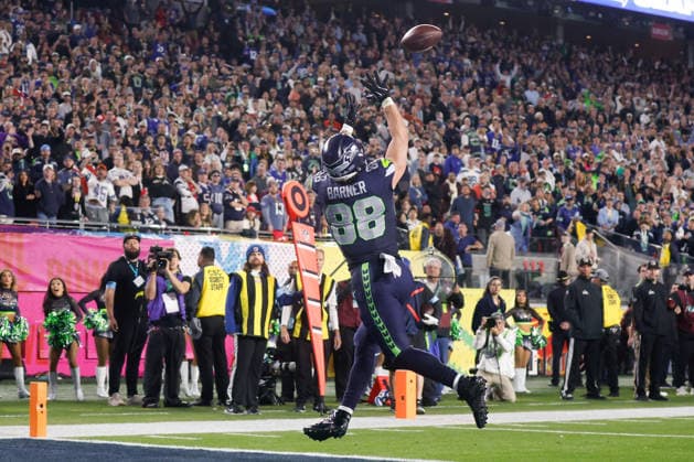 Seattle Seahawks tight end AJ Barner catches a touchdown pass during the third quarter of Super Bowl LX against the New England Patriots at Levi s Stadium in Santa Clara, California on Sunday, February 8, 2026.  SBP20260208184 JOHNxANGELILLO