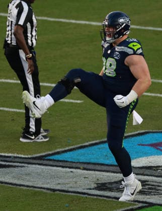 Seattle Seahawks defensive end Rylie Mills (98) celebrates a sack of New England Patriots quarterback Drake Maye in the second quarter of Super Bowl LX at at Levi s Stadium in Santa Clara, California on Sunday, February 8, 2026.  SBP20260208606 JEDxJACOBSOHN