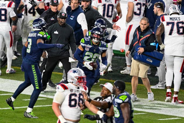 Seattle Seahawks safety Julian Love (20) makes an interception in the fourth quarter of Super Bowl LX at Levi s Stadium in Santa Clara, California on Sunday, February 8, 2026.  SBP20260208481 DAVIDxTULIS