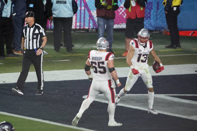 SANTA CLARA, CA - FEBRUARY 08: WR Mack Hollins (13) of the New England Patriots celebrates with C Garrett Bradbury (65) of the New England Patriots after a 35 yard touchdown reception during the Seattle Seahawks versus the New England Patriots Super Bowl LX game on February 8, 2026, at Levi s Stadium in Santa Clara, CA. (Photo by Matthew Huang Icon Sportswire) NFL, American Football Herren, USA FEB 08 Super Bowl LX Seahawks vs Patriots EDITORIAL USE ONLY Icon26010124326