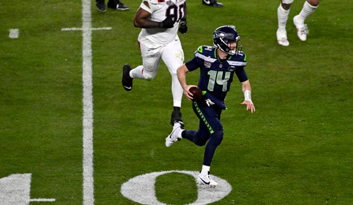 Seattle Seahawks quarterback Sam Darnold (14) during the 1st half NFL, American Football Herren, USA Super Bowl 60 LX football game between the New England Patriots and the Seattle Seahawks in Santa Clara, CA on Feb 8, 2026 CSM. NFL 2026: Super Bowl LX FEB 08  - ZUMAc04_ 20260208_faf_c04_141 Copyright: xCharlesxBausx