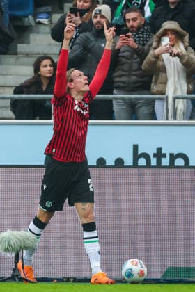 2. Bundesliga - Hannover 96 - Holstein Kiel am 08.02.2026 in der Heinz von Heiden Arena in Hannover Jubel, Torjubel, Torschuetze, Torschütze Stefan Teitur Thordarson (Hannover) jubelt nach seinem Tor zum 3 zu 1
