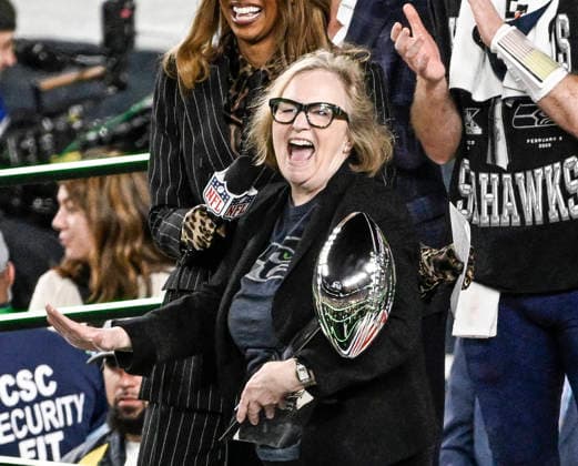 Seattle Seahawks owner Jody Allen holds the Vince Lombardi trophy after Super Bowl LX at at Levi s Stadium in Santa Clara, California on Sunday, February 8, 2026. The Seattle Seahawks defeated the New England Patriots 29-13.  SBP20260208878 JONxSOOHOO