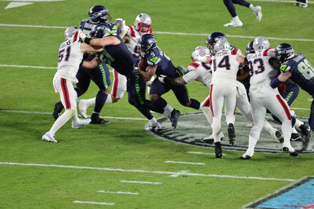 SANTA CLARA, CA - FEBRUARY 08: Seattle Seahawks running back Kenneth Walker III (9) finds a whole during the Seattle Seahawks versus the New England Patriots Super Bowl LX game on February 8, 2026, at Levi s Stadium in Santa Clara, CA. (Photo by Jevone Moore Icon Sportswire) NFL, American Football Herren, USA FEB 08 Super Bowl LX Seahawks vs Patriots EDITORIAL USE ONLY Icon2602083179