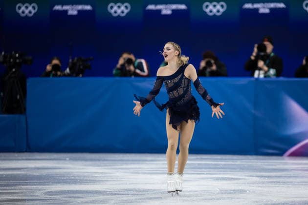 February 8, 2026, Cortina D ampezzo, Belluno, Italy: American Amber Glenn (4) (USA) performs in the Women Single Free Skating during the 2026 Winter Olympics at the Milano Ice Skating Arena on Sunday in Cortina d Ampezzo. Olympics 2026: Milano Cortina: Figure skating, Eiskunstlauf Team Women  - ZUMAj89_ 20260208_oly_j89_031 Copyright: xPaulxKitagakixJr.x