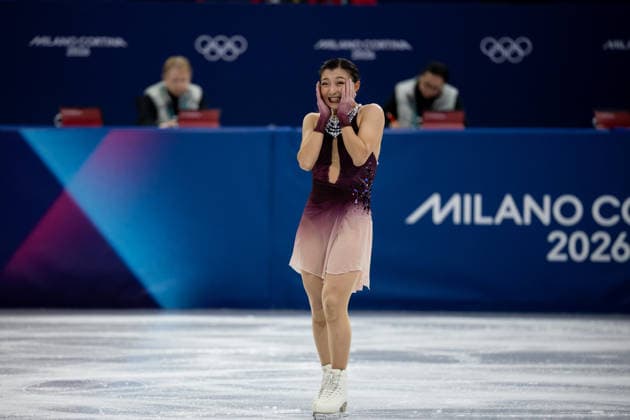 February 8, 2026, Cortina D ampezzo, Belluno, Italy: Japanese Kaori Sakamoto (JPN) reacts after her performance in the Women Single Free Skating during the 2026 Winter Olympics at the Milano Ice Skating Arena on Sunday in Cortina d Ampezzo. Olympics 2026: Milano Cortina: Figure skating, Eiskunstlauf Team Women  - ZUMAj89_ 20260208_oly_j89_052 Copyright: xPaulxKitagakixJr.x