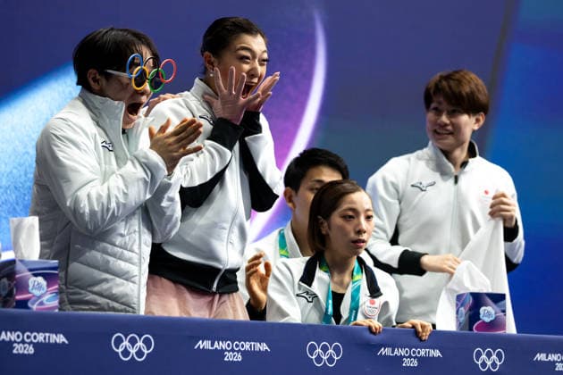 February 8, 2026, Cortina D ampezzo, Belluno, Italy: Japanese Kaori Sakamoto (JPN) reacts after her performance in the Women Single Free Skating during the 2026 Winter Olympics at the Milano Ice Skating Arena on Sunday in Cortina d Ampezzo. Olympics 2026: Milano Cortina: Figure skating, Eiskunstlauf Team Women  - ZUMAj89_ 20260208_oly_j89_056 Copyright: xPaulxKitagakixJr.x