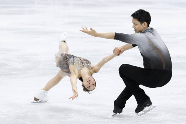Milan Cortina Olympics: Figure skating, Eiskunstlauf Riku Miura (L) and Ryuichi Kihara of Japan perform in the pairs free program during the figure skating team event at the Milan Cortina Olympics at Milano Ice Skating Arena in Milan on Feb. 8, 2026.  A14AA0005258545P