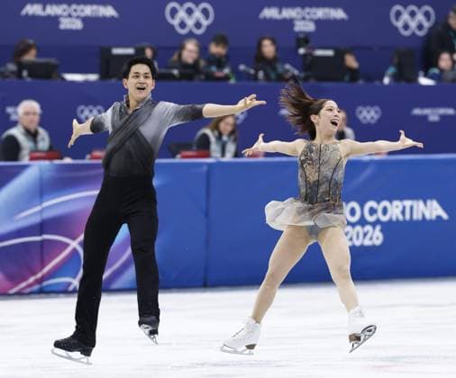 Milan Cortina Olympics: Figure skating, Eiskunstlauf Riku Miura (R) and Ryuichi Kihara of Japan perform in the pairs free program during the figure skating team event at the Milan Cortina Olympics at Milano Ice Skating Arena in Milan on Feb. 8, 2026.  A14AA0005258558P