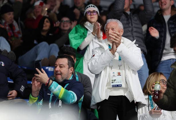 Olympics Milan Cortina 2026 Curling Italy vs United States, Matteo Salvini, Luciano Buonfiglio, Cortina d Ampezzo, Italy, February 9, 2026. Photo Felice Calabro  Copyright: xFelicexCalabro x xipa-agency.netx xFELICExCALABRO x IPA_Agency_IPA71171187