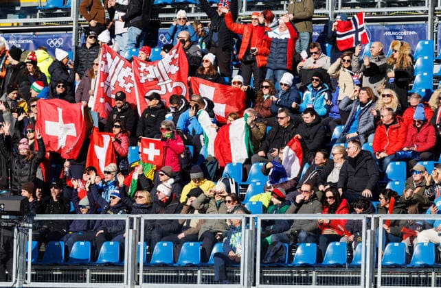 OLYMPICS - Winter Olympic Games, Olympische Spiele, Olympia, OS Milano Cortina 2026 BORMIO,ITALY,09.FEB.26 - OLYMPICS, ALPINE SKIING - Winter Olympic Games Milano Cortina 2026, team combined, downhill, men. Image shows fans and flags.  GEPAxpictures xHaraldxSteiner