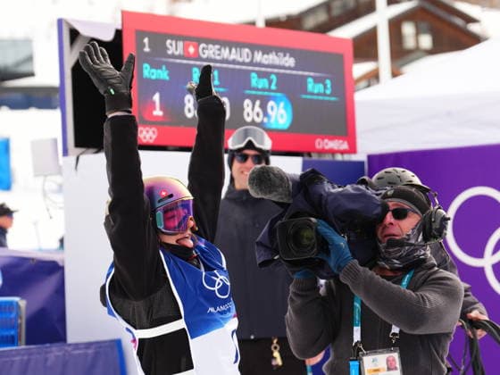 February 9, 2026, Livigno, Italy: Maria Gasslitter, of Italy, reacts to her score on her second run as she competes in the women s freeski slopestyle final at the Milano Cortina 2026 Winter Olympic Games, Olympische Spiele, Olympia, OS in Livigno, Italy on Monday, Feb. 9, 2026. Canada News - February 9, 2026  - ZUMAc35_ 20260209_zaf_c35_024 Copyright: xSeanxKilpatrickx