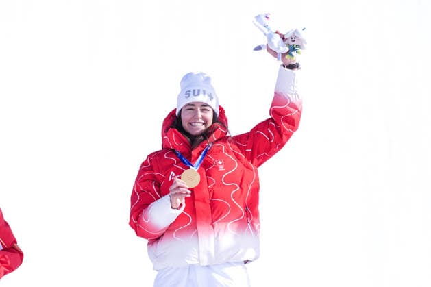 09 02 2026, Livigno, Snow Park, Winter Olympics: Women s Freeski Slopestyle Final, medal ceremony with 1 Mathilde Gremaud (Switzerland) Gold Medal Livigno Snow Park Lombardy Italy *** 09 02 2026, Livigno, Snow Park, Winter Olympics Women s Freeski Slopestyle Final, medal ceremony with 1 Mathilde Gremaud Switzerland Gold Medal Livigno Snow Park Lombardy Italy Copyright: xJustPictures.ch JarixPestelaccix jp-en-JaPe-DSC05949-20260209
