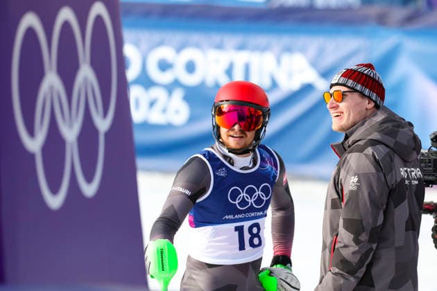 OLYMPICS - Winter Olympic Games, Olympische Spiele, Olympia, OS Milano Cortina 2026 BORMIO,ITALY,09.FEB.26 - OLYMPICS, ALPINE SKIING - Winter Olympic Games Milano Cortina 2026, team combined, slalom, men. Image shows Fabio Gstrein and Stefan Babinsky (AUT).  GEPAxpictures xHaraldxSteiner