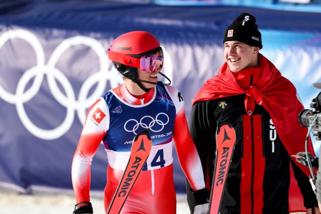OLYMPICS - Winter Olympic Games, Olympische Spiele, Olympia, OS Milano Cortina 2026 BORMIO,ITALY,09.FEB.26 - OLYMPICS, ALPINE SKIING - Winter Olympic Games Milano Cortina 2026, team combined, slalom, men. Image shows Tanguy Nef and Franjo von Allmen (SUI).  GEPAxpictures xHaraldxSteiner