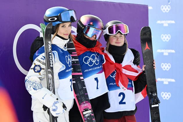 (L-R) GU Ailing Eileen (CHN), GREMAUD Mathilde (SUI), OLDHAM Megan (CAN), FEBRUARY 9, 2026 - Freestyle Skiing : Women s Slopestyle Final during the Milano Cortina 2026 Olympic Winter games, Winterspiele,Spiele, Summer games at Livigno Snow Park in Livigno, Italy.  aflo_319085967
