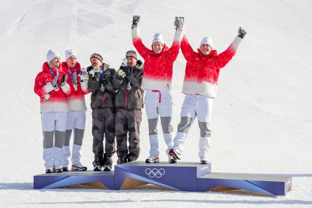 Winter Olympics in Milan Cortina 2026 Bormio, Italy 20260209. Gold medalist Franjo von Allmen and Tanguy Nef from Switzerland together with joint silver medalists Vincent Kriechmayr and Manuel Feller from Austria and Marco Odermatt and Loic Meillard from Switzerland on the podium after the men s alpine downhill slalom team competition during the Milan Cortina 2026 Winter Olympics. Photo: Cornelius Poppe NTB Bormio Italy EDITORIAL USE ONLY. RESTRICTED USE FOR BETTING COMPANIES Ref:_SPOc-j8evQPb2Q.jpg *** Winter Olympics in Milan Cortina 2026 Bormio, Italy 20260209 Gold medalist Franjo von Allmen and Tanguy Nef from Switzerland together with joint silver medalists Vincent Kriechmayr and Manuel Feller from Austria and Marco Odermatt and Loic Meillard from Switzerland on the podium after the men s alpine downhill slalom team competition during the Milan Cortina 2026 Winter Olympics Photo Cornelius Poppe NTB Bormio Italy EDITORIAL USE ONLY RESTRICTED USE FOR BETTING COMPANIES  Copyright: xCorneliusxPoppex xNTBx