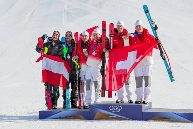 Winter Olympics in Milan Cortina 2026 Bormio, Italy 20260209. Gold medalist Franjo von Allmen and Tanguy Nef from Switzerland together with joint silver medalists Vincent Kriechmayr and Manuel Feller from Austria and Marco Odermatt and Loic Meillard from Switzerland on the podium after the men s alpine downhill slalom team competition during the Milan Cortina 2026 Winter Olympics. Photo: Cornelius Poppe NTB Bormio Italy EDITORIAL USE ONLY. RESTRICTED USE FOR BETTING COMPANIES Ref:_SPO9JtcgI-3DLQ.jpg *** Winter Olympics in Milan Cortina 2026 Bormio, Italy 20260209 Gold medalist Franjo von Allmen and Tanguy Nef from Switzerland together with joint silver medalists Vincent Kriechmayr and Manuel Feller from Austria and Marco Odermatt and Loic Meillard from Switzerland on the podium after the men s alpine downhill slalom team competition during the Milan Cortina 2026 Winter Olympics Photo Cornelius Poppe NTB Bormio Italy EDITORIAL USE ONLY RESTRICTED USE FOR BETTING COMPANIES  Copyright: xCorneliusxPoppex xNTBx