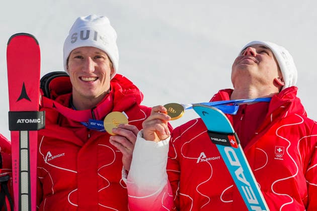 Winter Olympics in Milan Cortina 2026 Bormio, Italy 20260209. Gold medalist Tanguy Nef and Franjo von Allmen from Switzerland on the podium after the men s alpine downhill slalom team competition during the Winter Olympics in Milan Cortina 2026. Photo: Cornelius Poppe NTB Bormio Italy EDITORIAL USE ONLY. RESTRICTED USE FOR BETTING COMPANIES Ref:_SPO_t2aLQUvHFg.jpg *** Winter Olympics in Milan Cortina 2026 Bormio, Italy 20260209 Gold medalist Tanguy Nef and Franjo von Allmen from Switzerland on the podium after the men s alpine downhill slalom team competition during the Winter Olympics in Milan Cortina 2026 Photo Cornelius Poppe NTB Bormio Italy EDITORIAL USE ONLY RESTRICTED USE FOR BETTING COMPANIES  Copyright: xCorneliusxPoppex xNTBx