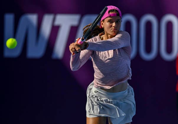 February 9, 2026, Doha, Qatar: Emiliana Arango of Colombia seen in action with Xinyu Wang of China (Not in view) during the round of 64 match at the WTA, Tennis Damen Qatar TotalEnergies Open 2026 tennis tournament at the Khalifa International Tennis Complex.. Xinyu Wang won against Emiliana Arango 6-1, 7-5. WTA Qatar TotalEnergies Open 2026-Round Of 64 In Doha ,Qatar -9 FEB 2026.  - ZUMAs197 20260209_aaa_s197_055 Copyright: xNoushadxVariyattiyakkalx