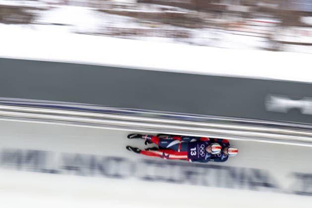 Mueller Marcus and Haugsjaa Ansel from United States of America during the Winter Olympic Games, Olympische Spiele, Olympia, OS Milano Cortina 2026, in Cortina Sliding Centre , on February 9 2026, in Cortina, Italy  Copyright: xFedericoxManoni IPAxSportx xipa-agency.netx xx IPA_71185427 IPA_Agency_IPA71185427