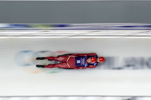 February 9, 2026, Cortina, Veneto, Italy: Sevics Mikelsevics Eduards and Krasts Lukass from Latvia during the Winter Olympic Games, Olympische Spiele, Olympia, OS Milano Cortina 2026, in Cortina Sliding Centre , on February 9 2026, in Cortina, Italy Cortina Italy - ZUMAm345 20260209_oly_m345_070 Copyright: xFedericoxManonix