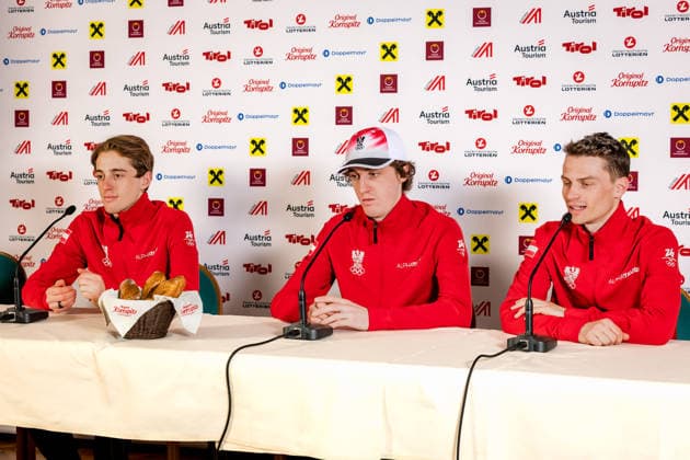 OLYMPICS - Winter Olympic Games, Olympische Spiele, Olympia, OS Milano Cortina 2026 VAL DI FIEMME,ITALY,09.FEB.26 - OLYMPICS, NORDIC SKIING, NORDIC COMBINED - Winter Olympic Games Milano Cortina 2026, press conference, PK, Pressekonferenz Ski Austria. Image shows Stefan Rettenegger, Thomas Rettenegger and Johannes Lamparter (AUT).  GEPAxpictures xMatthiasxTrinkl