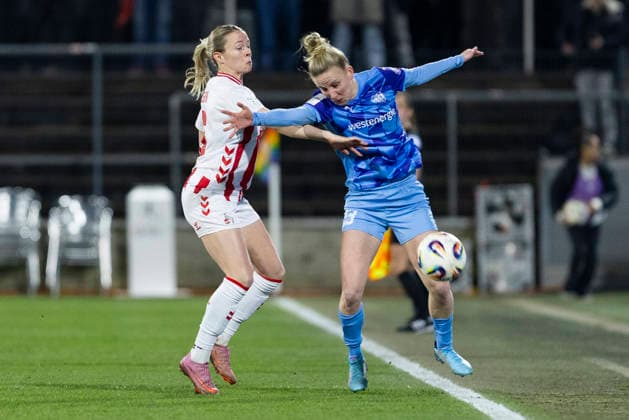 Google Pixel Frauen-Bundesliga: 1. FC Köln - SGS Essen; 09.02.2026 Sandra Maria Jessen (1. FC Köln, 6), Julia Debitzki (SGS Essen, 23) am 17. Spieltag der Google Pixel Frauen-Bundesliga im Spiel des 1. FC Köln gegen die SGS Essen am 09.02.2026 im Franz-Kremer-Stadion in Köln. Copyright: xBEAUTIFULxSPORTS Meuselx