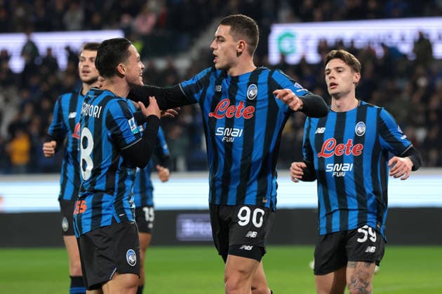Bergamo, Italy, 9th February 2026. Nikola Krstovic of Atalanta celebrates with team mates after scoring to give the side a 1-0 lead during the Atalanta vs US Cremonese Serie A match at New Balance Arena, Bergamo. Picture credit should read: Jonathan Moscrop Sportimage EDITORIAL USE ONLY. No use with unauthorised audio, video, data, fixture lists, club league logos or live services. Online in-match use limited to 120 images, no video emulation. No use in betting, games or single club league player publications. SPI_003_ATALANTA_CREMONESE_ SPI-4501-0003