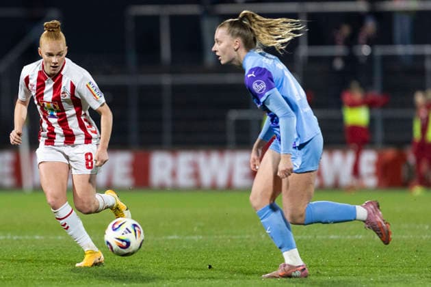 Google Pixel Frauen-Bundesliga: 1. FC Köln - SGS Essen; 09.02.2026 Laura Vogt (1. FC Köln, 8), Maike Berentzen (SGS Essen, 13) am 17. Spieltag der Google Pixel Frauen-Bundesliga im Spiel des 1. FC Köln gegen die SGS Essen am 09.02.2026 im Franz-Kremer-Stadion in Köln. Copyright: xBEAUTIFULxSPORTS Meuselx