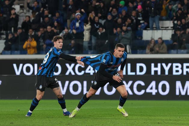 Bergamo, Italy, 9th February 2026. Nikola Krstovic of Atalanta celebrates after scoring to give the side a 1-0 lead during the Atalanta vs US Cremonese Serie A match at New Balance Arena, Bergamo. Picture credit should read: Jonathan Moscrop Sportimage EDITORIAL USE ONLY. No use with unauthorised audio, video, data, fixture lists, club league logos or live services. Online in-match use limited to 120 images, no video emulation. No use in betting, games or single club league player publications. SPI_004_ATALANTA_CREMONESE_ SPI-4501-0004