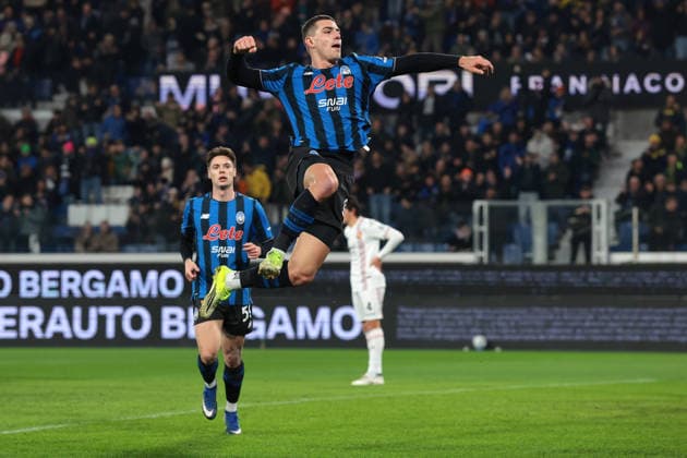 Bergamo, Italy, 9th February 2026. Nikola Krstovic of Atalanta celebrates after scoring to give the side a 1-0 lead during the Atalanta vs US Cremonese Serie A match at New Balance Arena, Bergamo. Picture credit should read: Jonathan Moscrop Sportimage EDITORIAL USE ONLY. No use with unauthorised audio, video, data, fixture lists, club league logos or live services. Online in-match use limited to 120 images, no video emulation. No use in betting, games or single club league player publications. SPI_007_ATALANTA_CREMONESE_ SPI-4501-0007