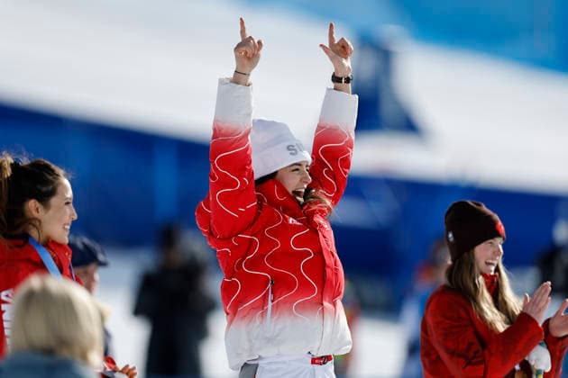 (260209) -- LIVIGNO, Feb. 9, 2026 -- Gold medalist Mathilde Gremaud (C) of Switzerland reacts during the awarding ceremony for the freestyle skiing women s freeski slopestyle at the Milan-Cortina 2026 Olympic Winter games, Winterspiele,Spiele, Summer games in Livigno, Italy, Feb. 9, 2026. ) (MICO2026)ITALY-LIVIGNO-OLYMPIC WINTER GAMES-FREESTYLE SKIING-WOMEN S FREESKI SLOPESTYLE-AWARDING CEREMONY WangxPeng 