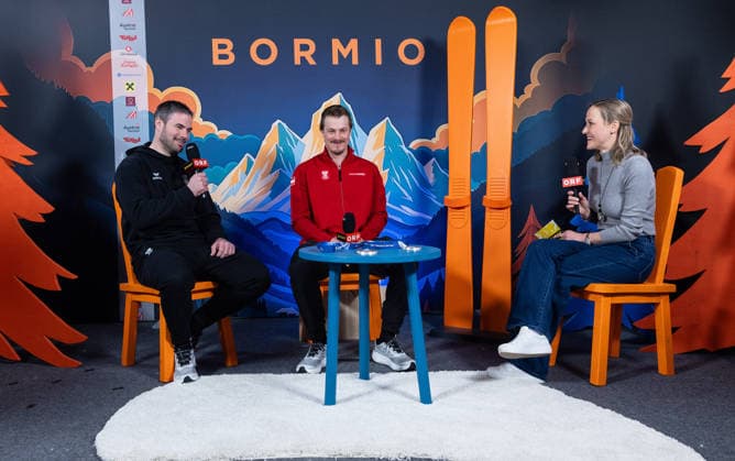 OLYMPICS - Winter Olympic Games, Olympische Spiele, Olympia, OS Milano Cortina 2026 BORMIO,ITALY,09.FEB.26 - OLYMPICS, ALPINE SKIING - Winter Olympic Games Milano Cortina 2026, team combined, downhill, men, press conference, PK, Pressekonferenz Ski Austria. Image shows Vincent Kriechmayr, Manuel Feller (AUT) and Alina Zellhofer (ORF).  GEPAxpictures xHaraldxSteiner