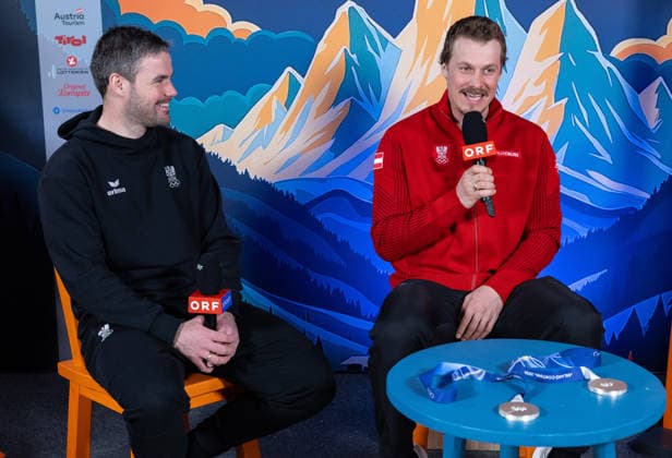 OLYMPICS - Winter Olympic Games, Olympische Spiele, Olympia, OS Milano Cortina 2026 BORMIO,ITALY,09.FEB.26 - OLYMPICS, ALPINE SKIING - Winter Olympic Games Milano Cortina 2026, team combined, downhill, men, press conference, PK, Pressekonferenz Ski Austria. Image shows Vincent Kriechmayr and Manuel Feller (AUT). Keywords: medals  GEPAxpictures xHaraldxSteiner