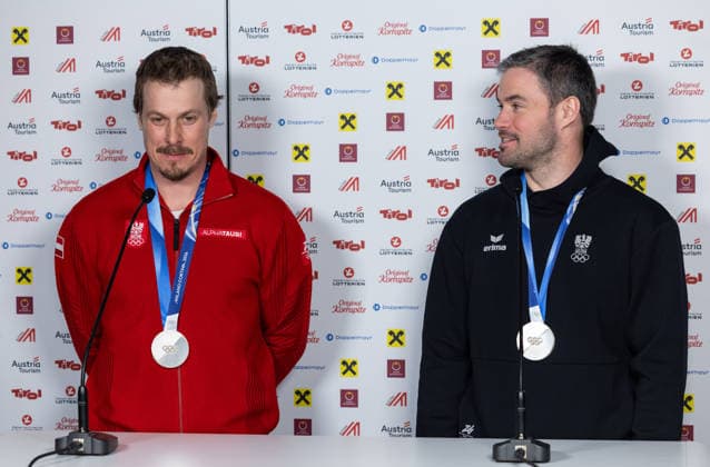 OLYMPICS - Winter Olympic Games, Olympische Spiele, Olympia, OS Milano Cortina 2026 BORMIO,ITALY,09.FEB.26 - OLYMPICS, ALPINE SKIING - Winter Olympic Games Milano Cortina 2026, team combined, downhill, men, press conference, PK, Pressekonferenz Ski Austria. Image shows Manuel Feller and Vincent Kriechmayr (AUT). Keywords: medals.  GEPAxpictures xHaraldxSteiner