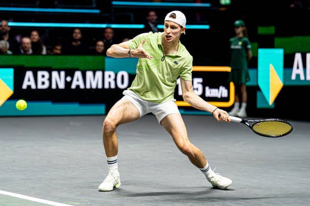 2026-02-09 ABN AMRO Open - Day One ROTTERDAM, NETHERLANDS - FEBRUARY 9: Ugo Humbert competing during Day One of the ABN AMRO Open at Rotterdam Ahoy on February 9, 2026 in Rotterdam, Netherlands. (Photo by Gabriel Calvino Alonso BSR Agency) Rotterdam Netherlands Content not available for redistribution in The Netherlands directly or indirectly through any third parties. Copyright: xBSRxAgencyx
