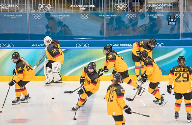 DEB team at warm-up at the preliminary women Ice hockey, Eishockey match Group B Germany - France of the Milano Cortina 2026 Winter Olympic Games, Olympische Spiele, Olympia, OS at Milano Rho Ice Hockey Arena on February 9, 2026 in Milan, Italy.