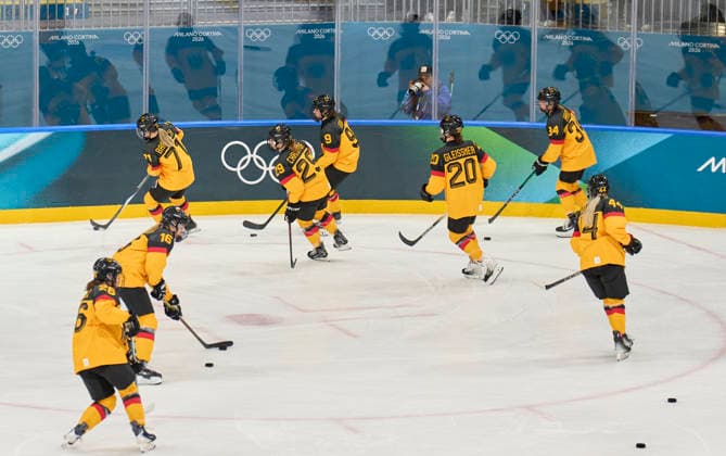 DEB team at warm-up at the preliminary women Ice hockey, Eishockey match Group B Germany - France of the Milano Cortina 2026 Winter Olympic Games, Olympische Spiele, Olympia, OS at Milano Rho Ice Hockey Arena on February 9, 2026 in Milan, Italy.