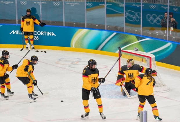 DEB team at warm-up at the preliminary women Ice hockey, Eishockey match Group B Germany - France of the Milano Cortina 2026 Winter Olympic Games, Olympische Spiele, Olympia, OS at Milano Rho Ice Hockey Arena on February 9, 2026 in Milan, Italy.