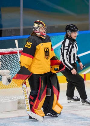 Sandra Abstreiter of Germany at the preliminary women Ice hockey, Eishockey match Group B Germany - France of the Milano Cortina 2026 Winter Olympic Games, Olympische Spiele, Olympia, OS at Milano Rho Ice Hockey Arena on February 9, 2026 in Milan, Italy.