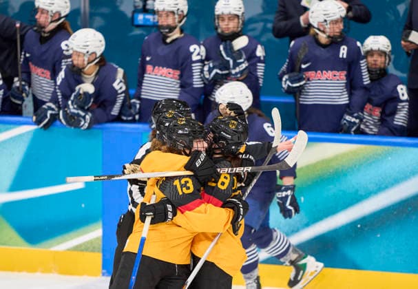 Katarina Jobst-Smith of Germany celebrates her 2-1 sudden death goal with Luisa Welke of Germany after the preliminary women Ice hockey, Eishockey match Group B Germany - France of the Milano Cortina 2026 Winter Olympic Games, Olympische Spiele, Olympia, OS at Milano Rho Ice Hockey Arena on February 9, 2026 in Milan, Italy.