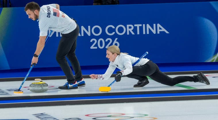 February 9, 2026, Cortina D ampezzo, Belluno, Italy: Americans KOREY DROPKIN, left and CORY THIESSE of TEAM USA CURLING rduring play with team Italy on Monday February 9, 2026, Cortina d Ampezzo, Italy: Olympics 2026: Milano Cortina: Curling Men & Women  - ZUMAa35_ 20260209_oly_a35_009 Copyright: xDanielxA.xAndersonx