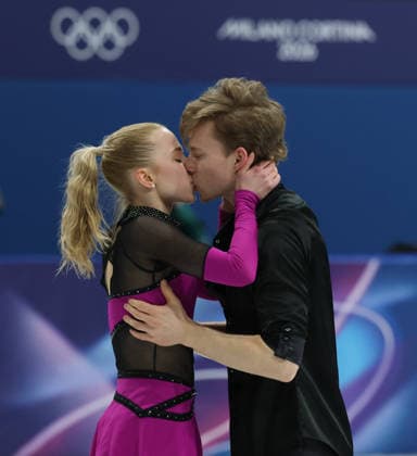 February 9, 2026, Milan, Lombardy, Italy: MILLA RUUD REITAN and NOKOLAJ MAJOROV of Sweden kiss after their performance in the Ice Dance Rhythm Dance of the Figure skating, Eiskunstlauf Team Event at the Milano Cortina 2026 Winter Olympic Games, Olympische Spiele, Olympia, OS Olympics 2026: Milano Cortina: Figure Skating Ice Dance Rhythm Dance  - ZUMAc179 20260209_oly_c179_094 Copyright: xMickaelxChavetx