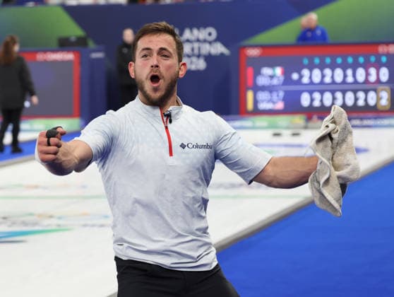 Team USA s Korey Dropkin celebrates victory over Italy in the Curling Mixed Doubles Semi-Finals at the 2026 Winter Olympics in Cortina, Italy on Monday February 09, 2026. Team USA beat Italy 9-8.  OLY2026020687 HUGOxPHILPOTT