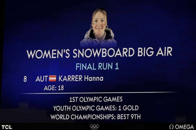 OLYMPICS - Winter Olympic Games, Olympische Spiele, Olympia, OS Milano Cortina 2026 BORMIO,ITALY,09.FEB.26 - OLYMPICS, SNOWBOARD - Winter Olympic Games Milano Cortina 2026, Big Air, final, women. Image shows a screen with Hanna Karrer (AUT) on it.  GEPAxpictures xWolfgangxGrebien