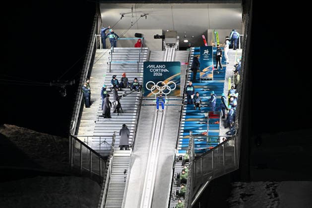 Predazzo, Italy, February 09th 2026. Timi Zajc of Slovenia in action during the Ski jumping, Skispringen, Ski, nordisch Mens Normal Hill Individual competition of the Olympic Winter games, Winterspiele,Spiele, Summer games 2026 in Predazzo, Italy. (Photo by Igor Kupljenik Sports Press Photo)  Copyright: xIgorxKupljenikx xSPPx Sportspressphoto_SPR90682
