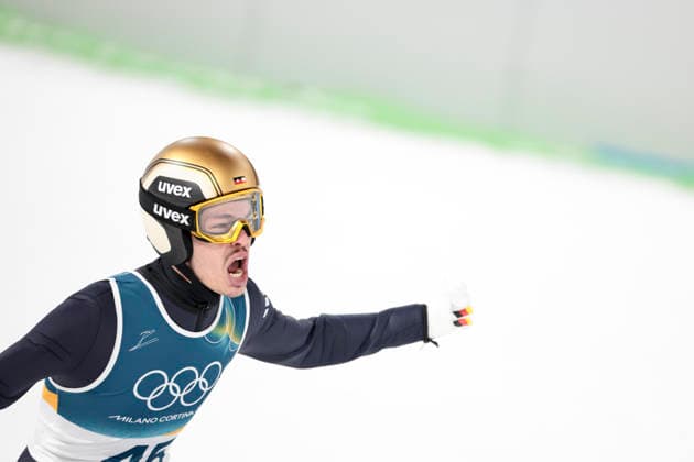 OLYMPICS - Winter Olympic Games, Olympische Spiele, Olympia, OS Milano Cortina 2026 VAL DI FIEMME,ITALY,09.FEB.26 - OLYMPICS, Ski jumping, Skispringen, Ski, nordisch - Winter Olympic Games Milano Cortina 2026, normal hill, men, individual. Image shows the rejoicing of Phillip Raimund (GER).  GEPAxpictures xMatthiasxTrinkl